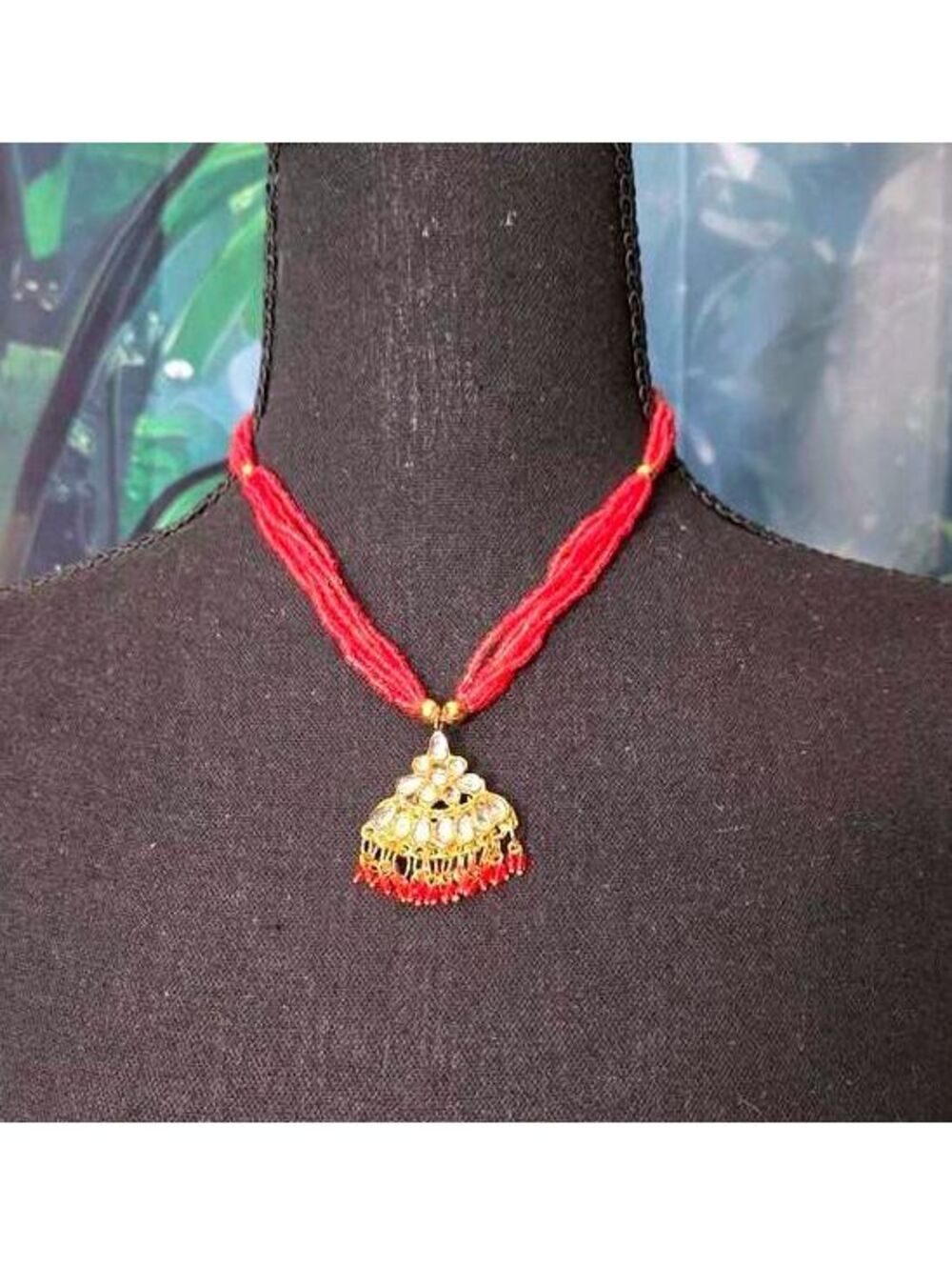 Indian Multi-Strand Red Seed Bead Necklace with Gold-Tone Kundan Pendant